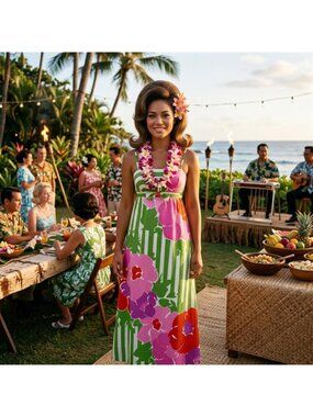 Vtg 60s Malia Honolulu floral long maxi dress Marimekko style flowers, vintage 1